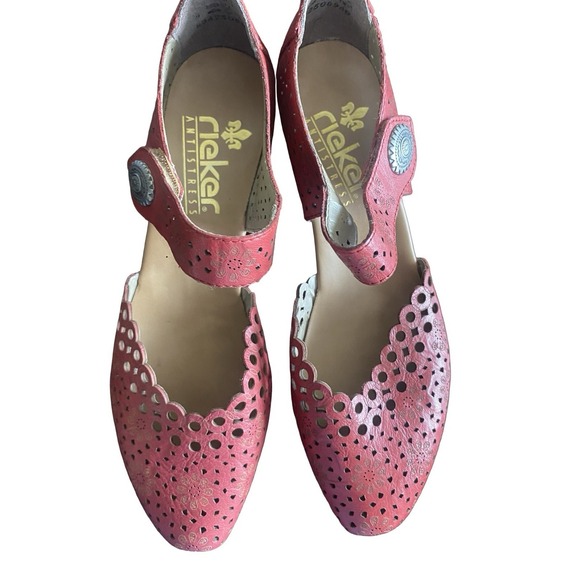Rieker Mirjam Mary Jane Heels Womens 40 US 9 Red Leather Perforated Boho - Picture 2 of 3